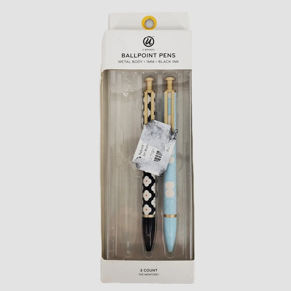U Brands The Monterey Ballpoint Pens 2 Pack Metal Body 1mm Black Ink Floral Blue
